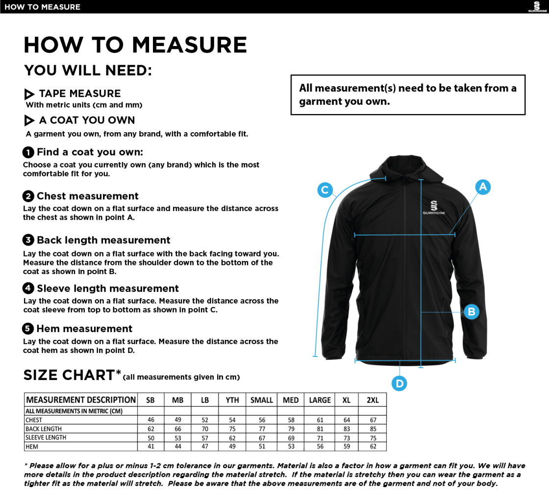 Leamington Football Club Lightweight Full Zip Training Jacket - Youth - Size Guide