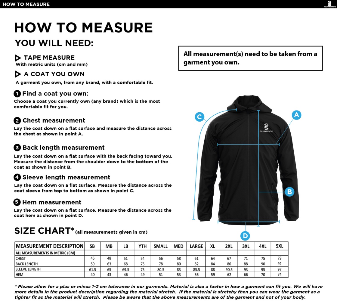 Leamington Football Club Lightweight Full Zip Training Jacket - Size Guide