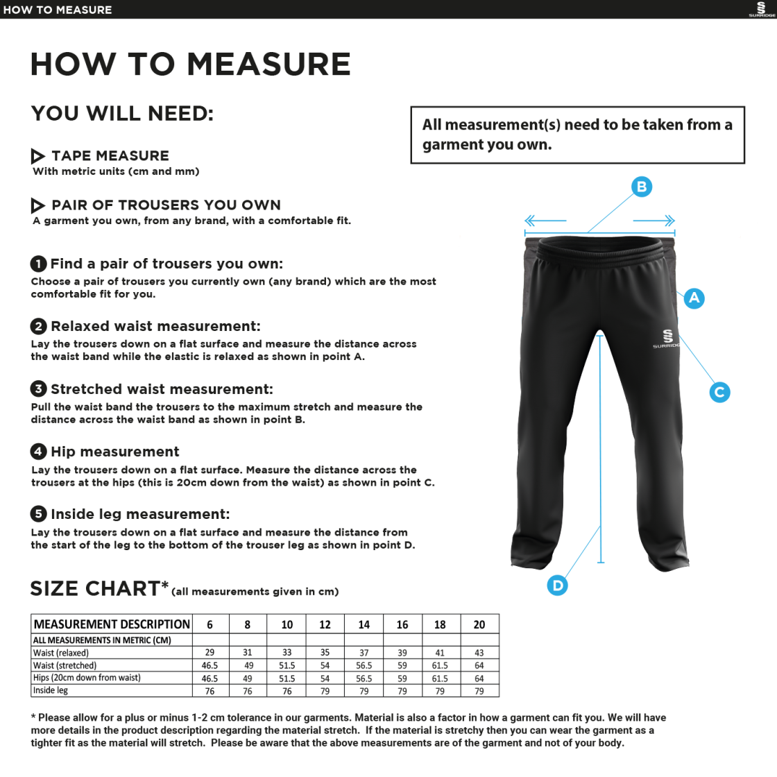 Leamington Football Club Poplin Track Pants - Women - Size Guide