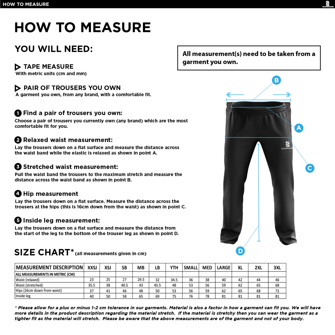 Leamington Football Club Poplin Track Pants - Youth - Size Guide