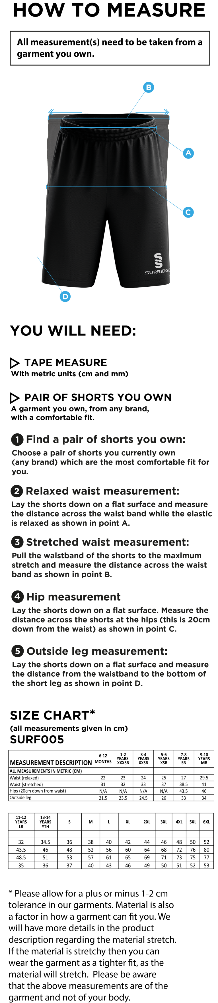 Leamington Football Club Shorts - Size Guide