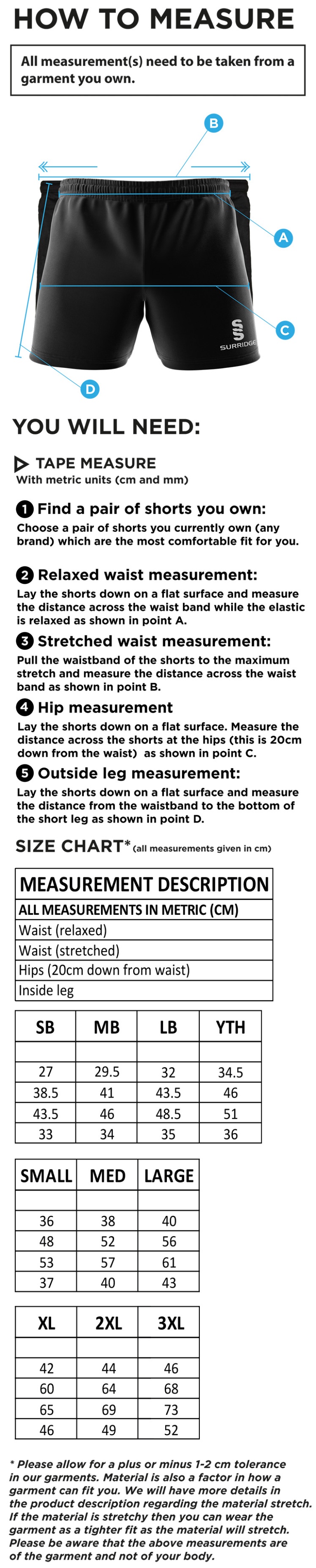 Leamington Football Club Dual Gym Shorts - Size Guide