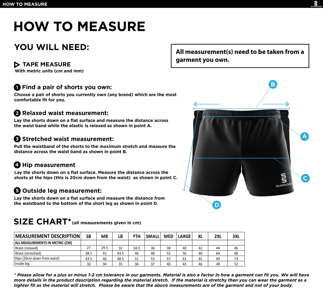 Leamington Football Club Dual Gym Shorts - Size Guide